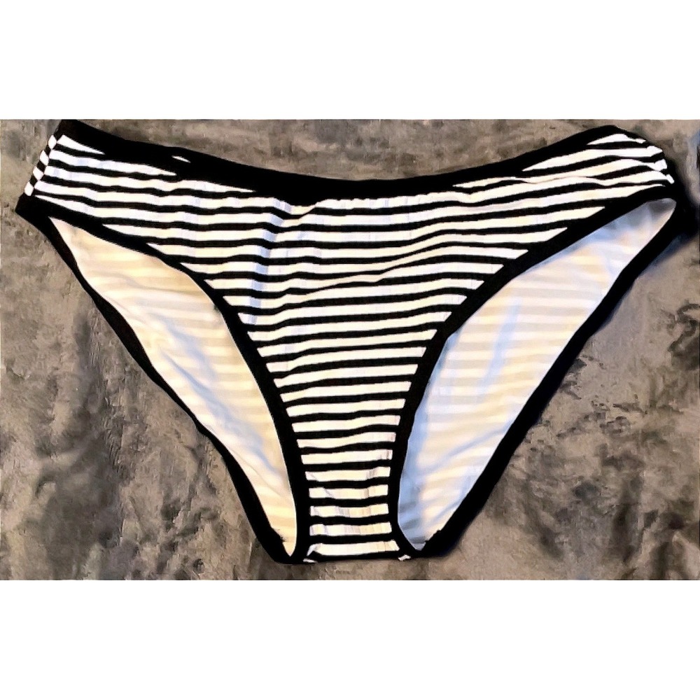 Shade &‎ Shore Black White Striped Bikini Bottoms XL 16 Low Rise Swimwear